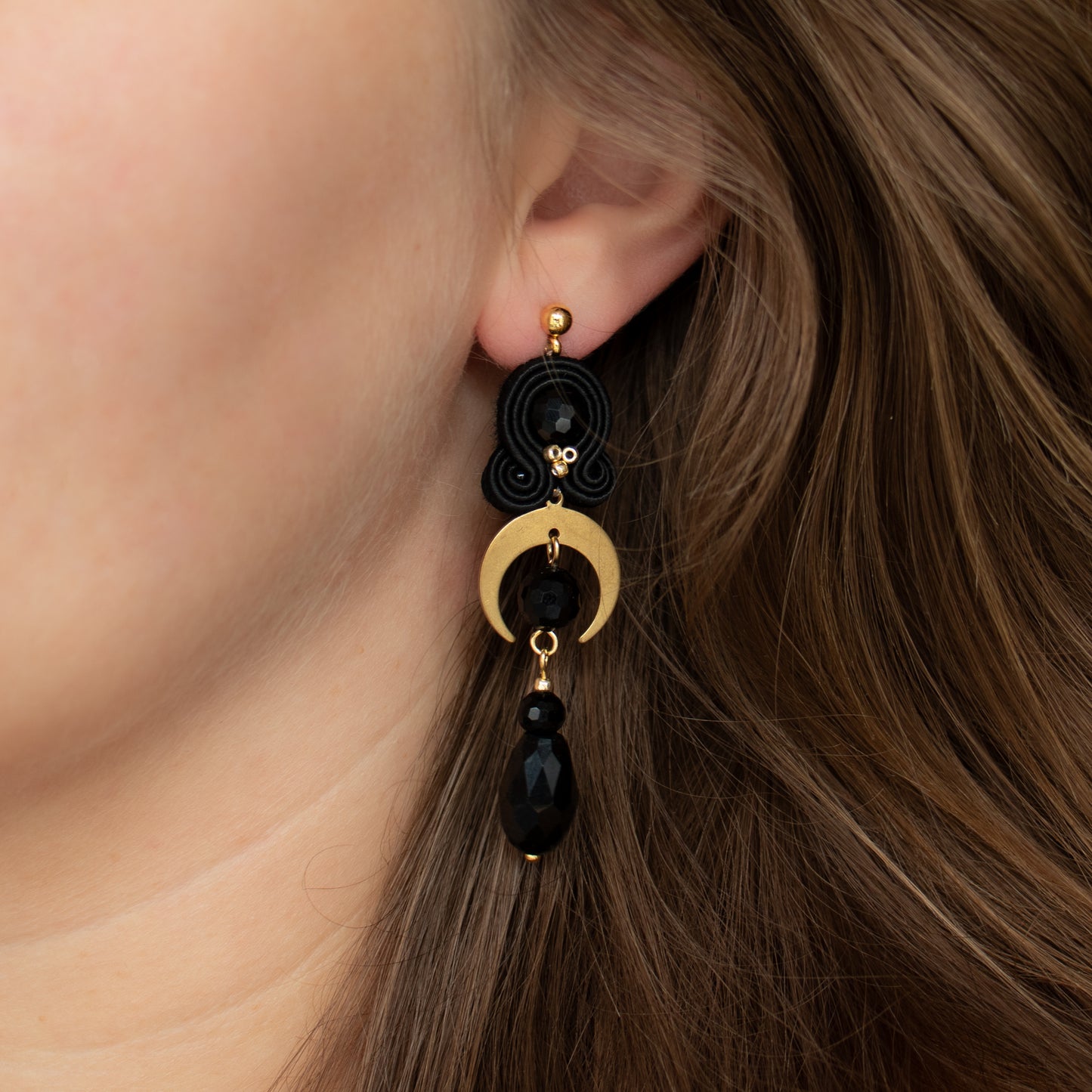 Handmade Black Soutache Earrings with Gold Moon – Spiritual Earrings