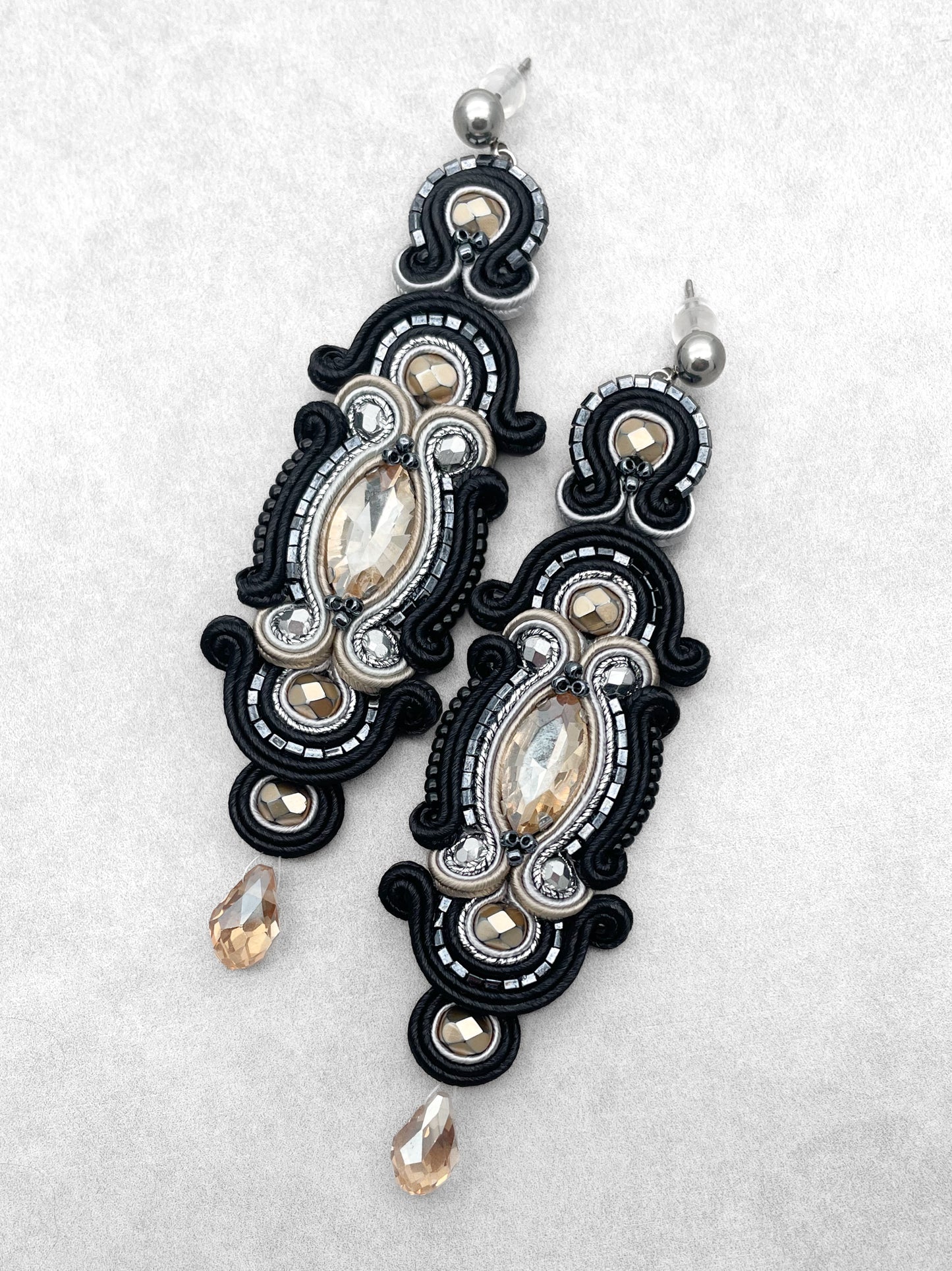Handmade Black, Sand, and Grey Soutache Earrings – Exclusive Long Earrings