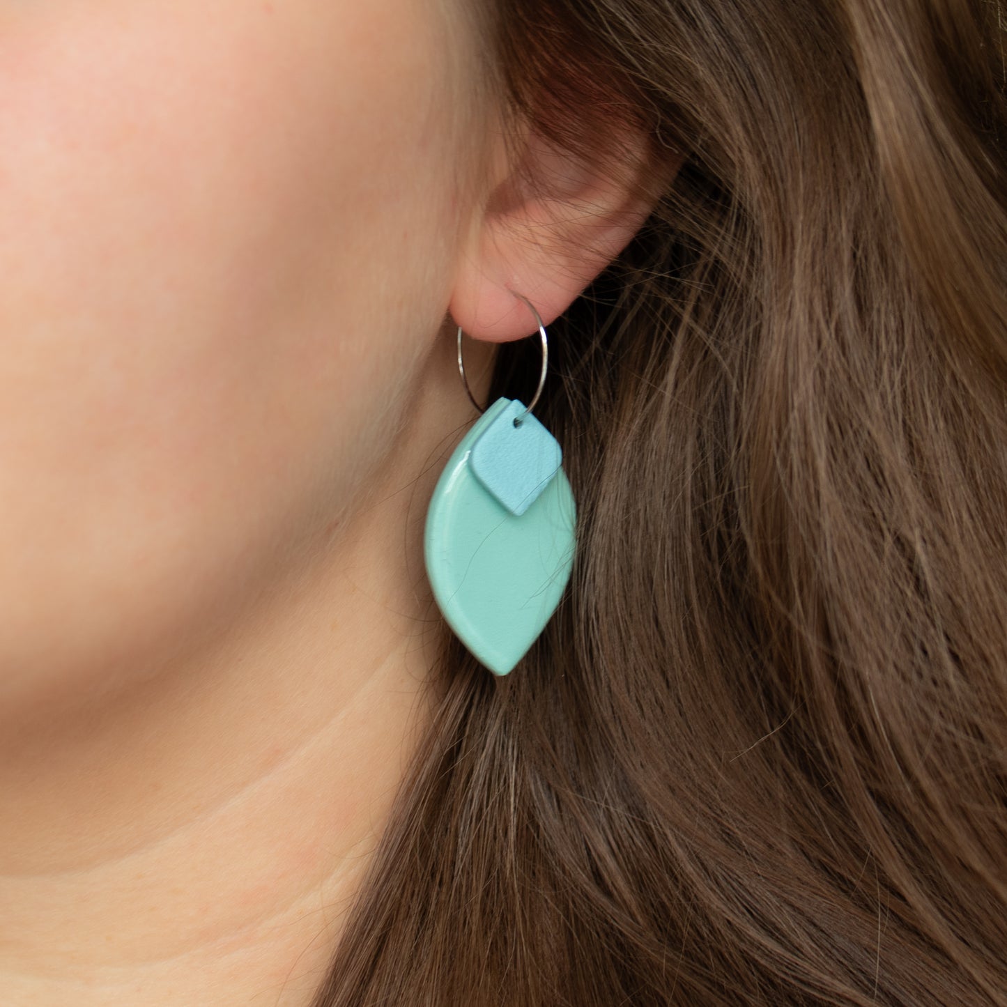 Handmade Mint Oval and Light Blue Rhombus Earrings – Geometric Polymer Clay Jewellery
