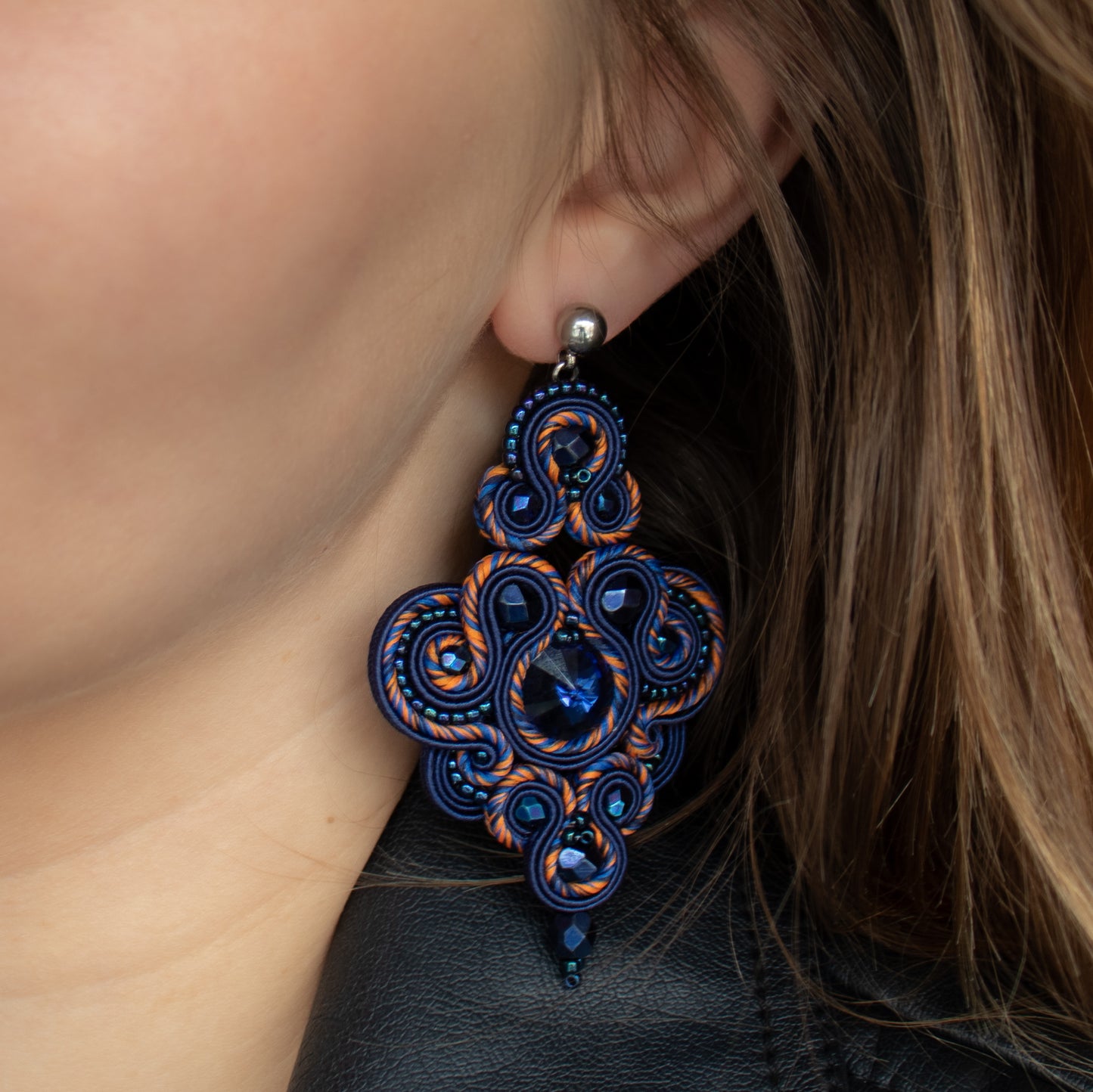 Exclusive Handmade Dark Sapphire and Orange Soutache Earrings – Oriental Jewellery