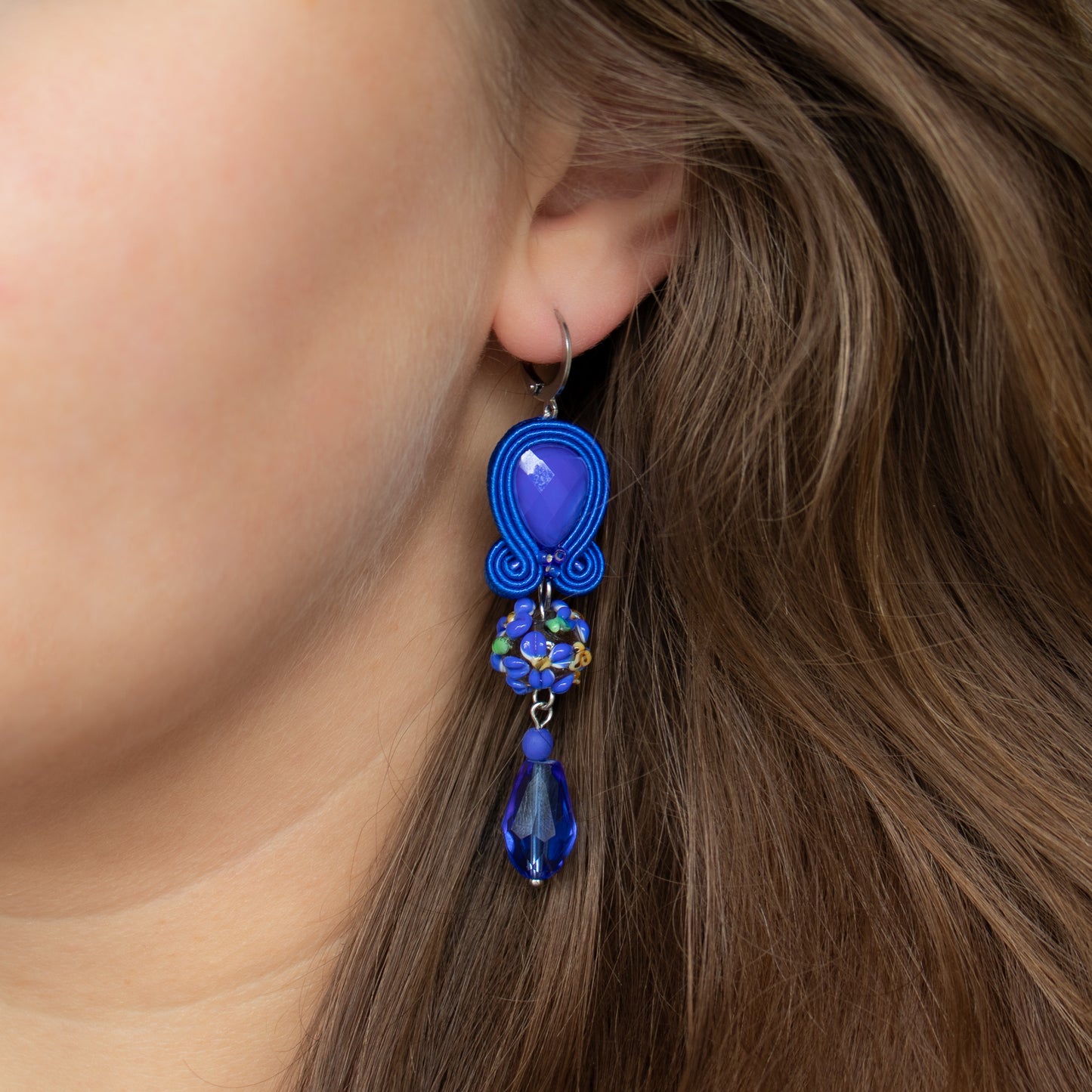 Handmade Cobalt Soutache Earrings with Lampwork Beads – Unique and Statement Jewellery