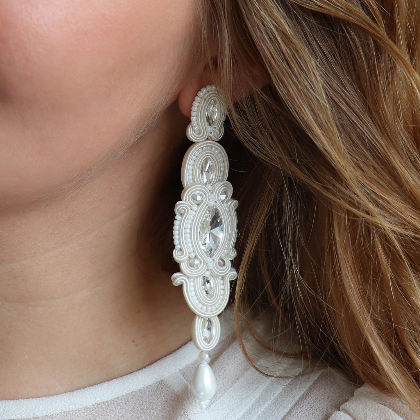 Handmade Ivory Soutache Bridal Earrings – Sophisticated Long Earrings