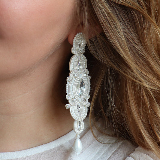Ivory soutache earrings. Handmade bridal long earrings.