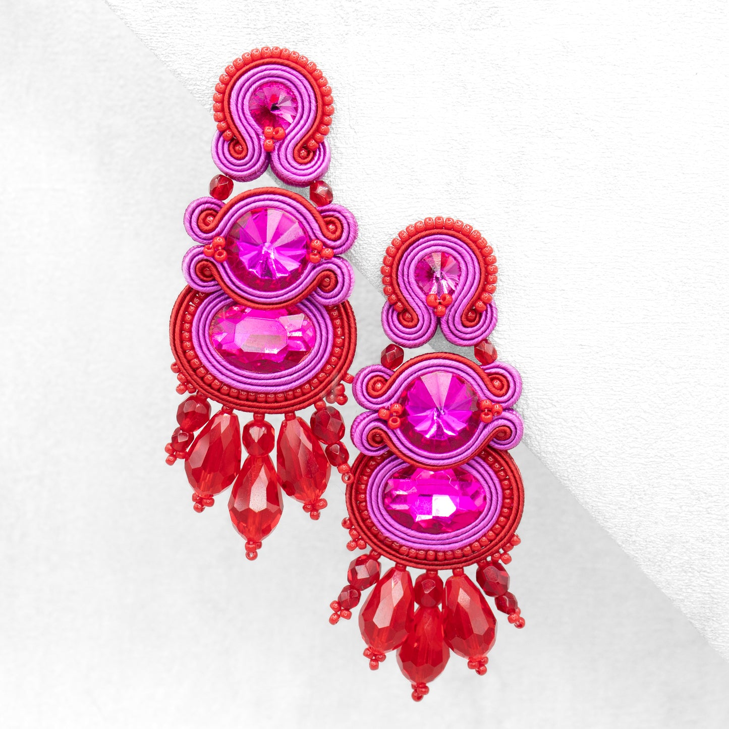 Handmade Red and Magenta Soutache Earrings – Bold and Original Jewellery