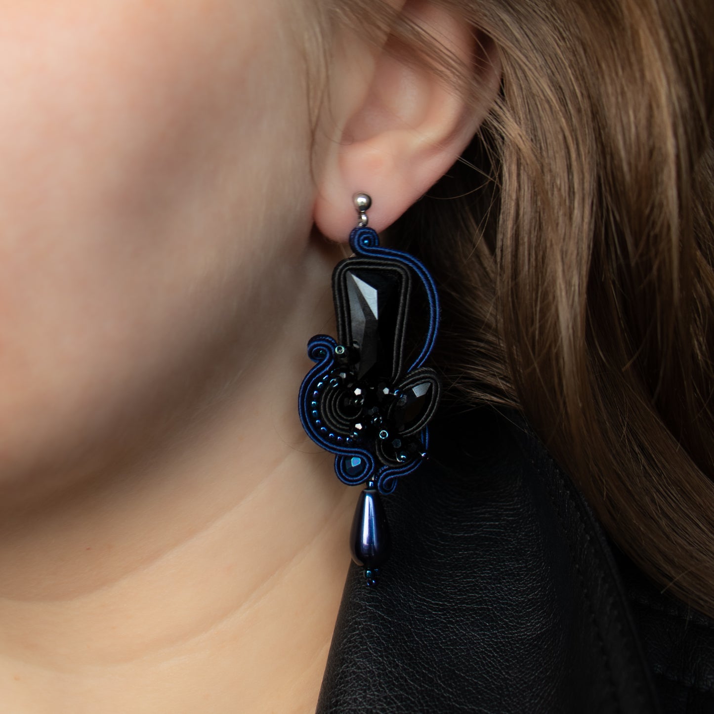 Black and Dark Sapphire Soutache Earrings – Exclusive Handmade Jewellery
