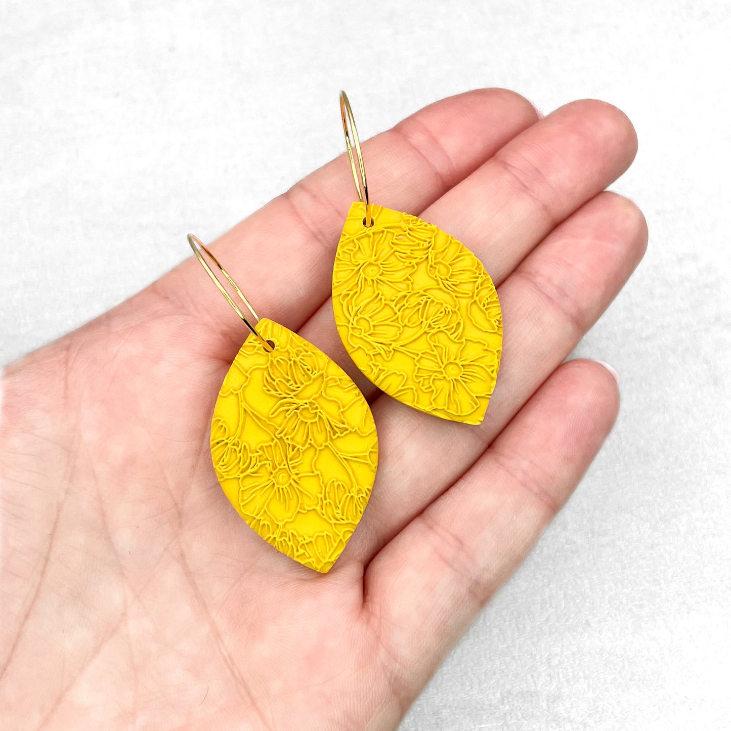Handmade Yellow Oval Earrings – Textured Polymer Clay with Hoops