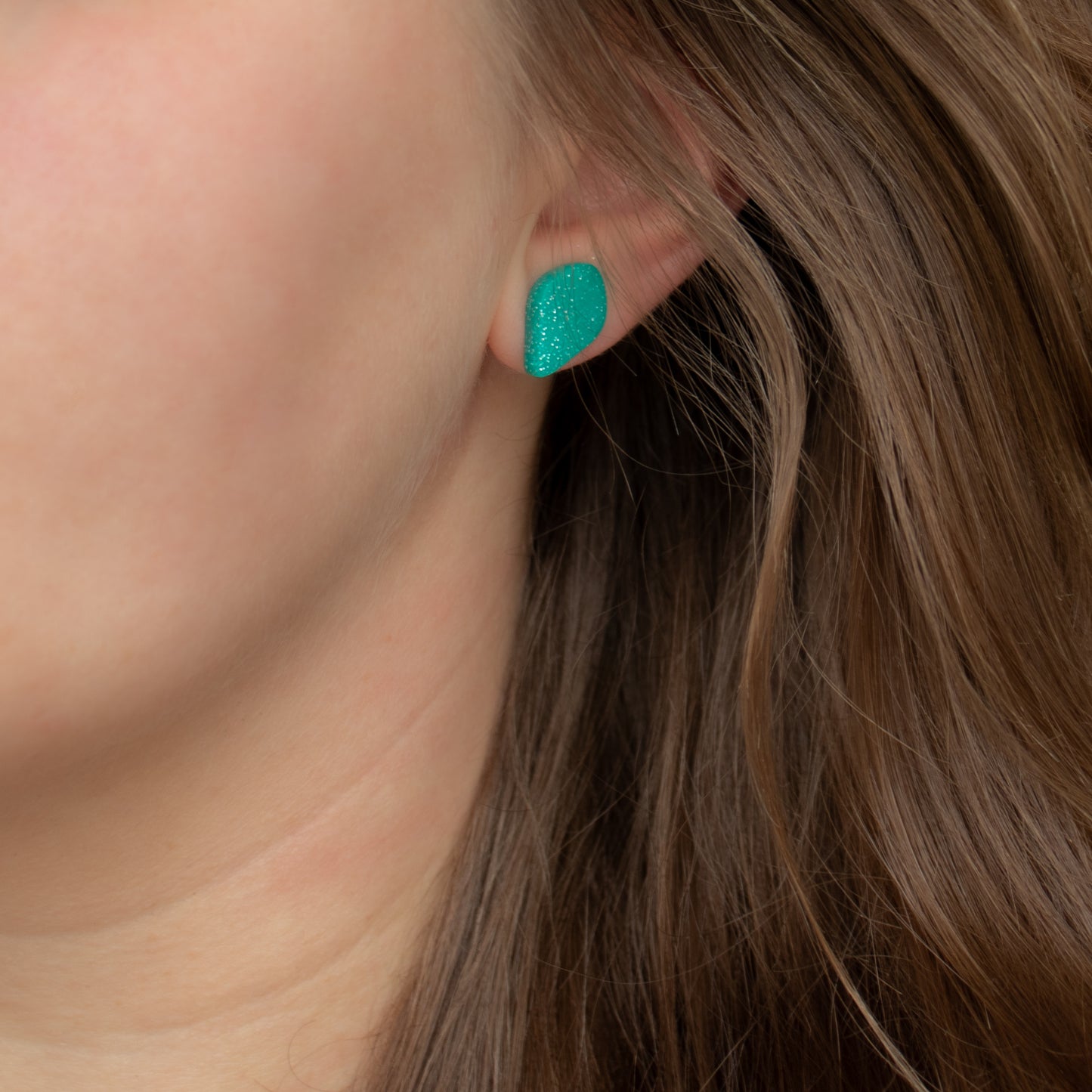 Handmade Polymer Clay Tear Stud Earrings – Teal with Silver Glitter Studs