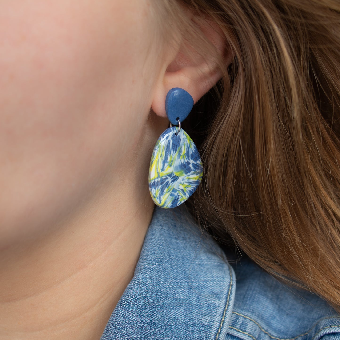 Handmade Blue and Yellow Marble Earrings – Polymer Clay Jewellery