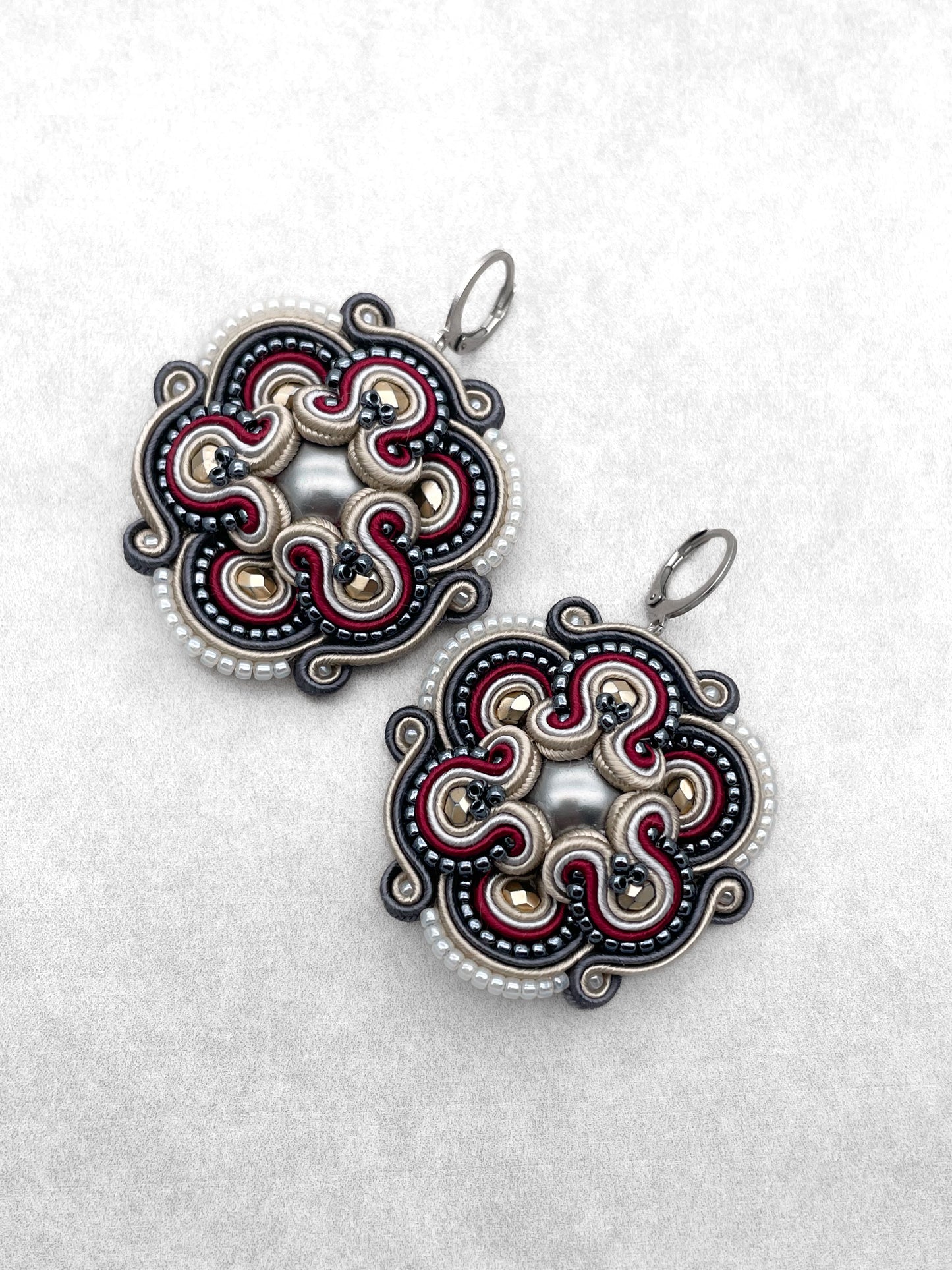 Handmade Sand, Maroon and Dark Grey Soutache Earrings – Oriental Jewellery