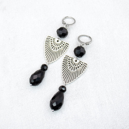 Black beads with silver charms. Handmade earrings.