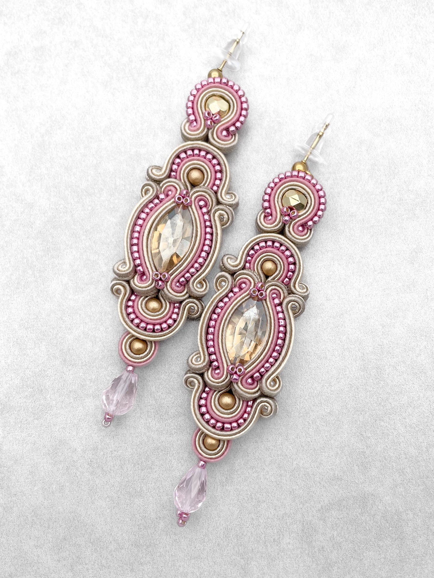 Unique Soutache Earrings in Mauve, Sand & Gold – Handcrafted Elegance