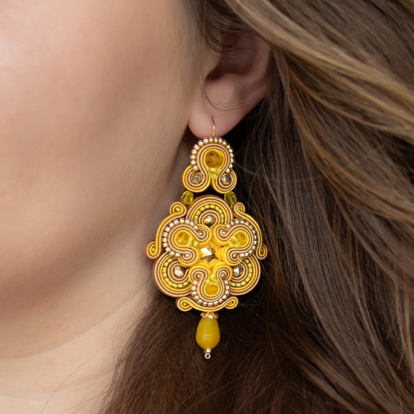 Handmade Yellow, Beige and Gold Soutache Earrings – Exclusive and Original Jewellery