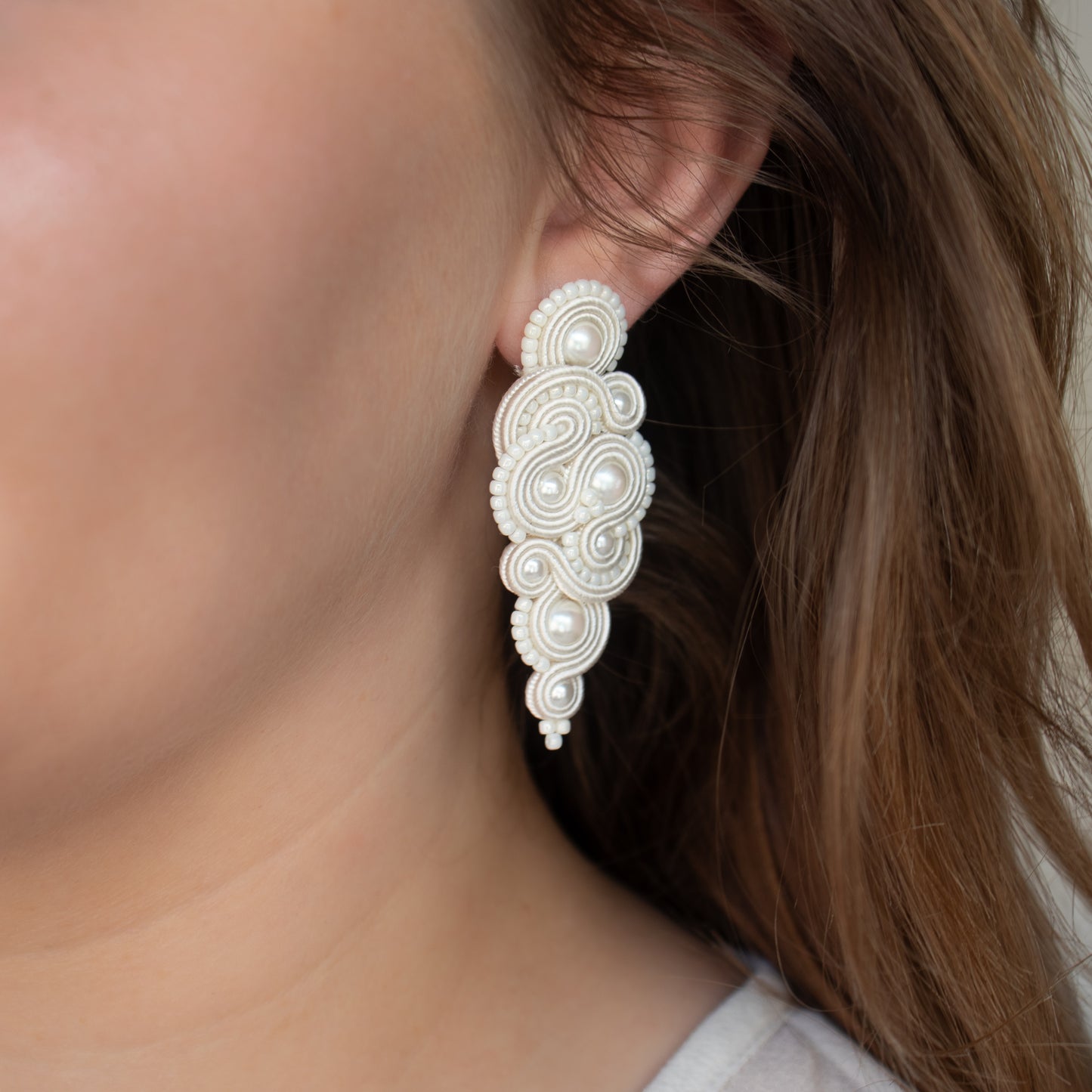 Handmade Ivory Soutache Bridal Earrings – Elegant and Refined Jewellery