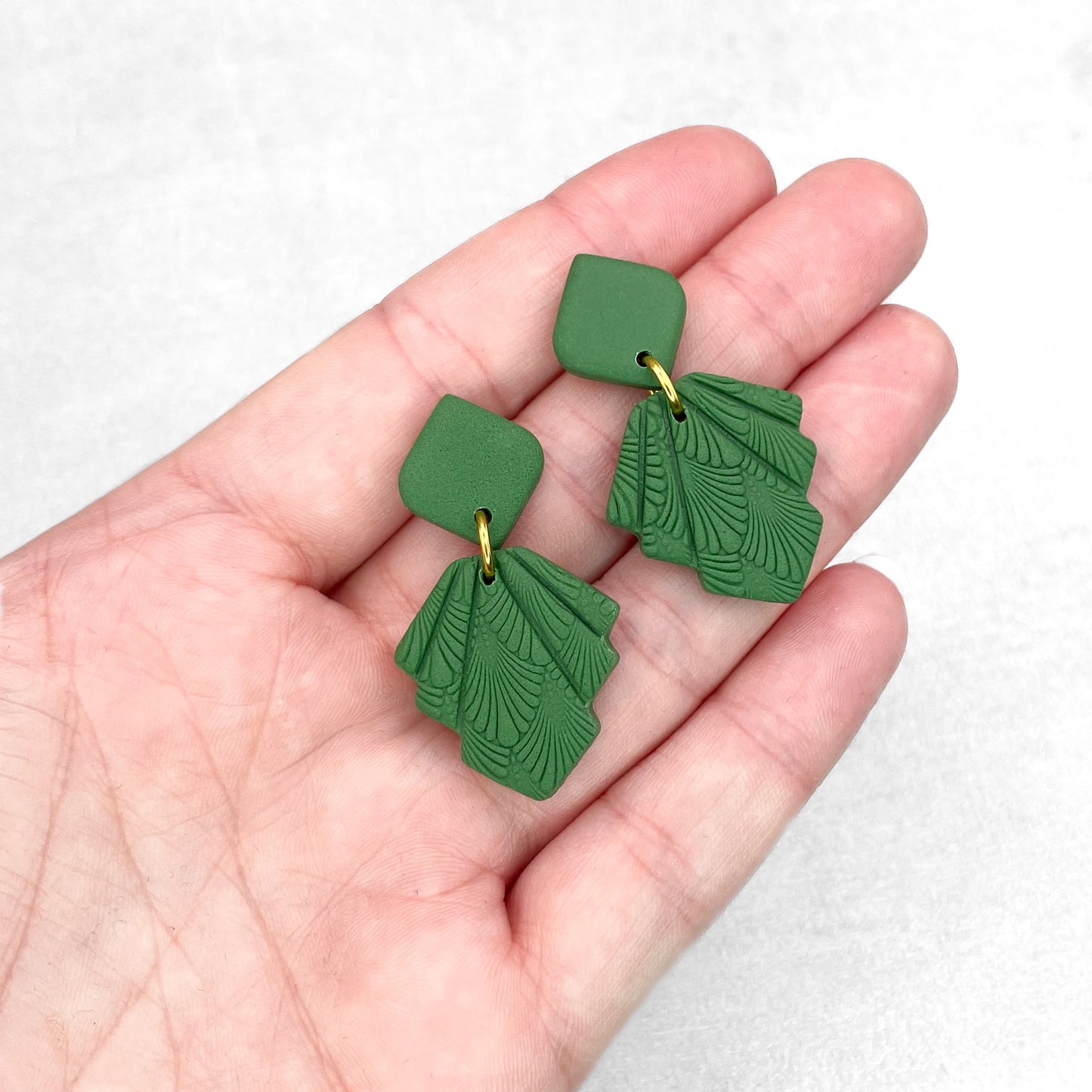 Handmade Forest Green Geometric Earrings – Textured Polymer Clay Jewellery