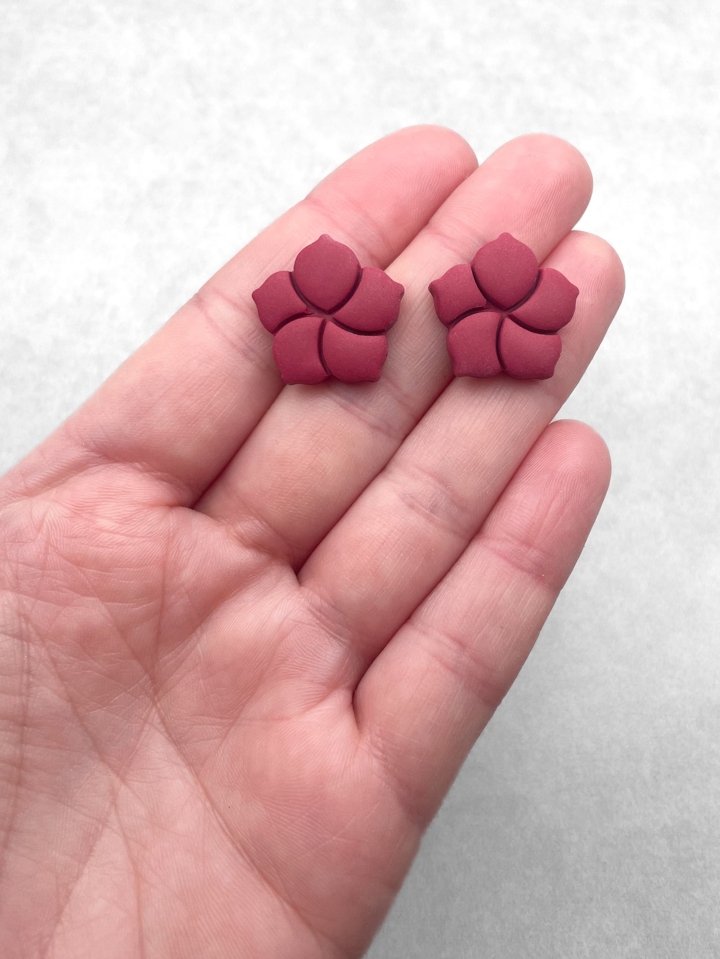 Handmade Burgundy Hibiscus Stud Earrings – Flower Polymer Clay Jewellery