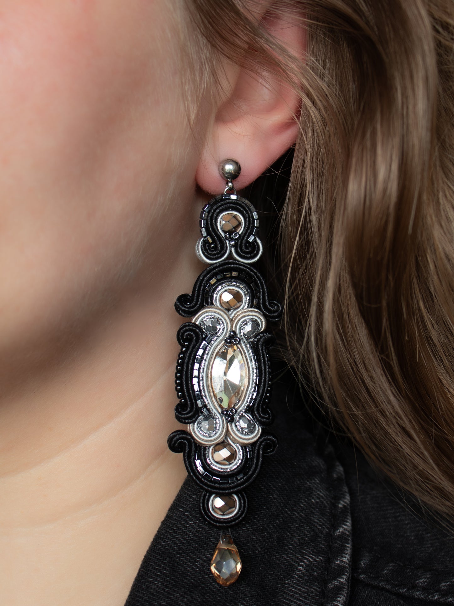 Handmade Black, Sand, and Grey Soutache Earrings – Exclusive Long Earrings