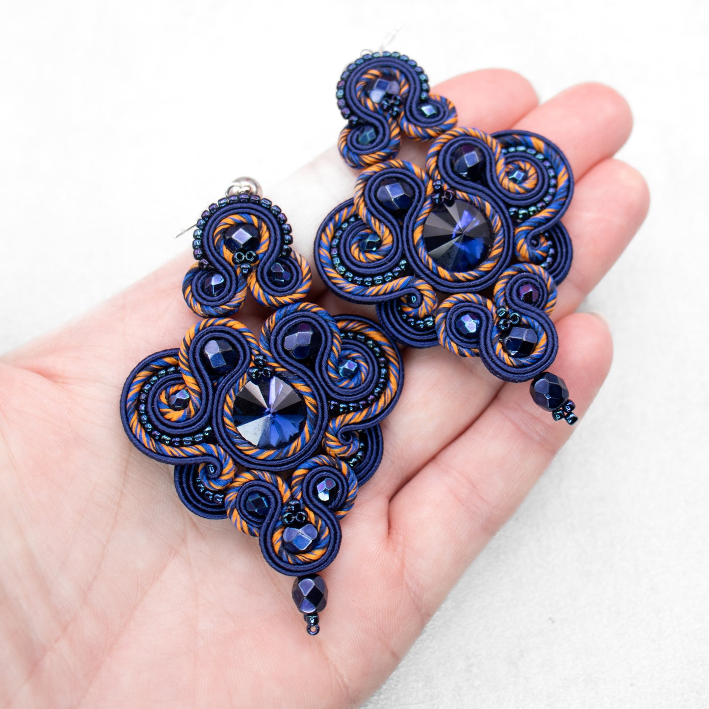 Exclusive Handmade Dark Sapphire and Orange Soutache Earrings – Oriental Jewellery