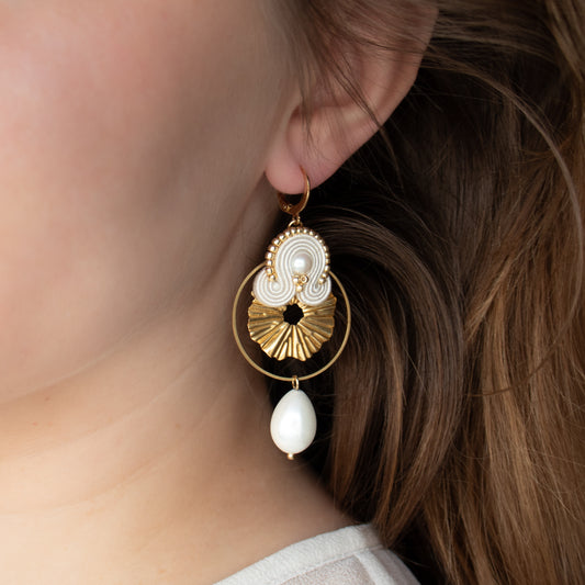 Ivory soutache earrings. Bridal handmade earrings with gold charms.