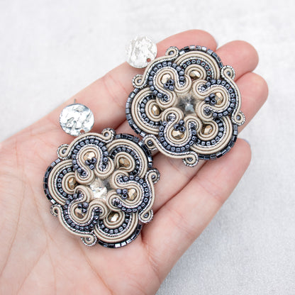 Sand and dark grey soutache earrings. Oriental and original handmade earrings.