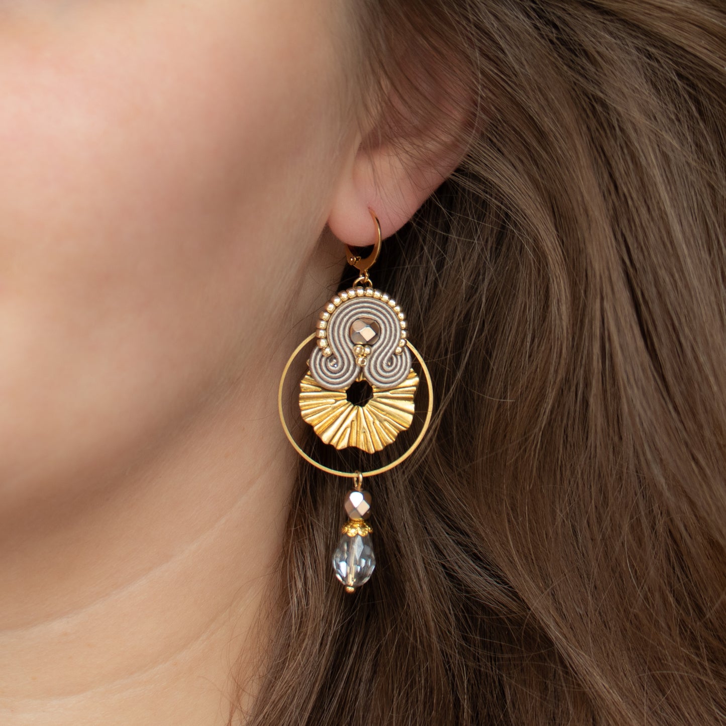 Handmade Sand Soutache Earrings with Gold Charms – Elegant and Chic Jewellery
