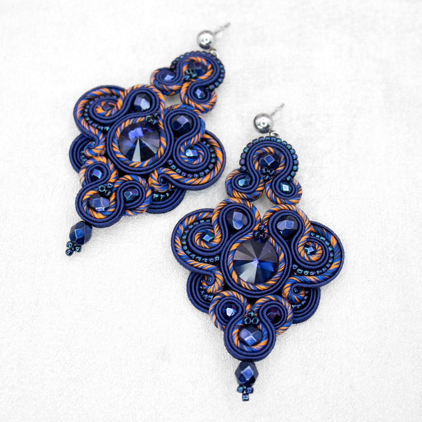 Exclusive Handmade Dark Sapphire and Orange Soutache Earrings – Oriental Jewellery