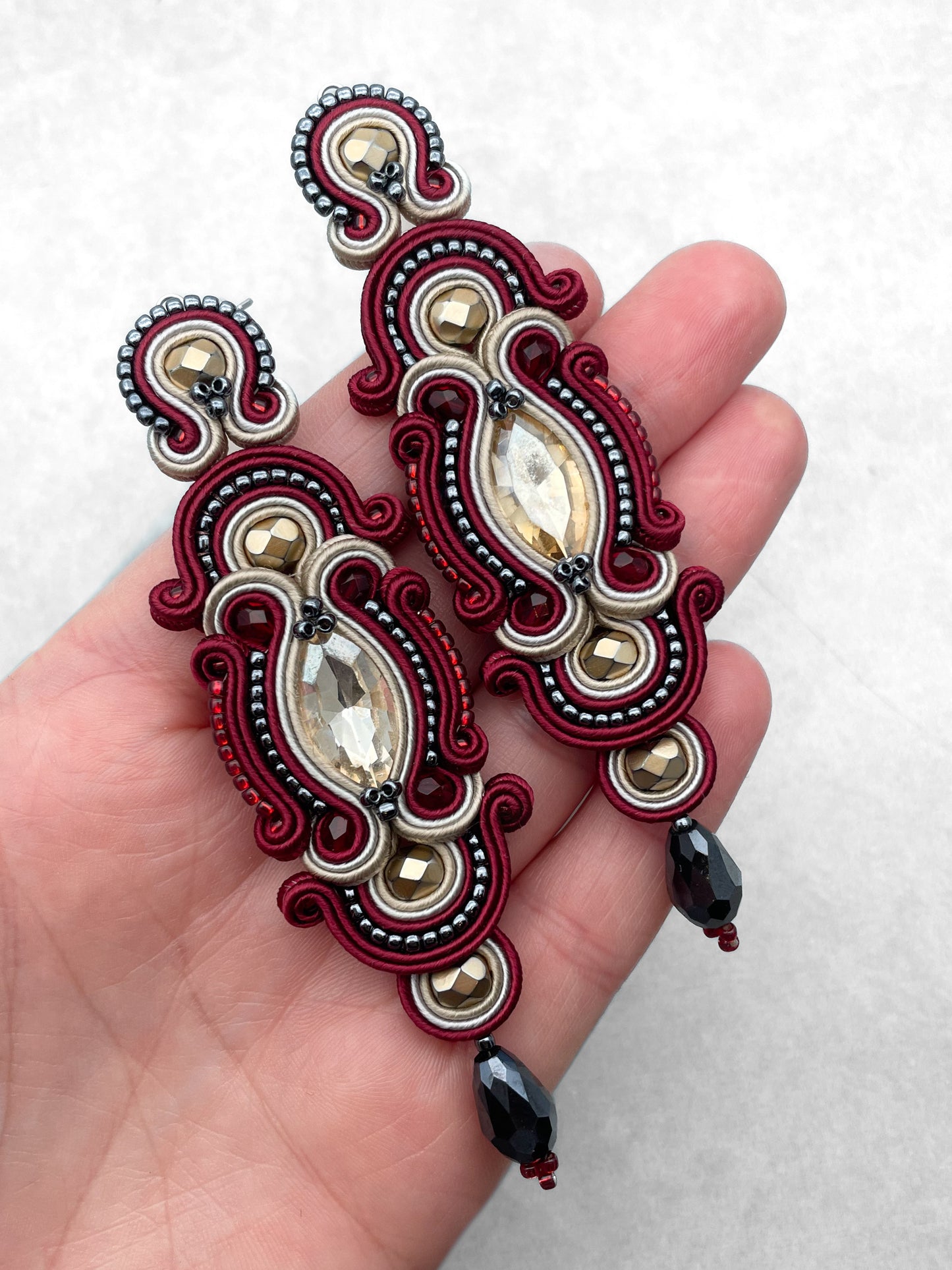 Handmade Maroon, Sand, and Dark Grey Soutache Earrings – Oriental Long Earrings