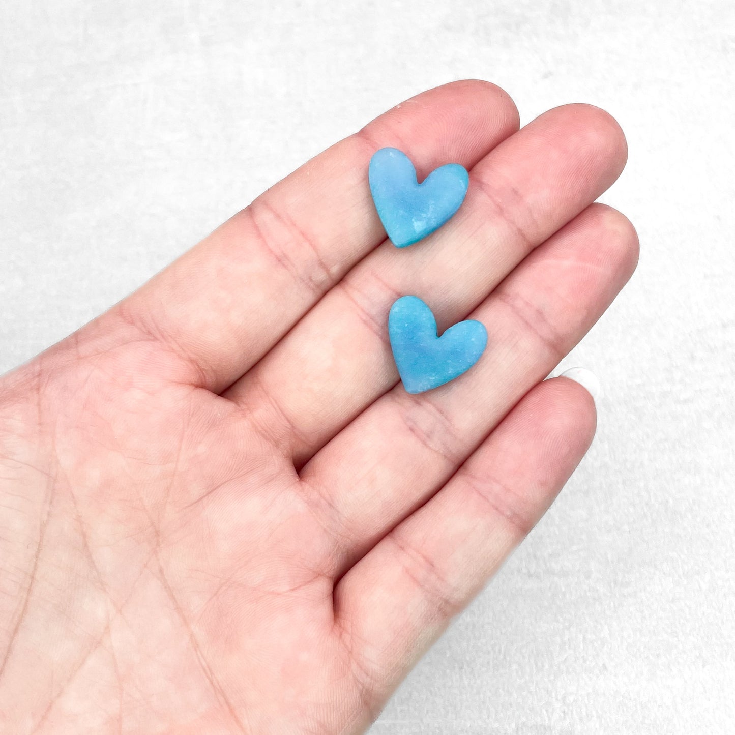 Handmade Sky Blue Heart Stud Earrings – Marbled Polymer Clay Studs