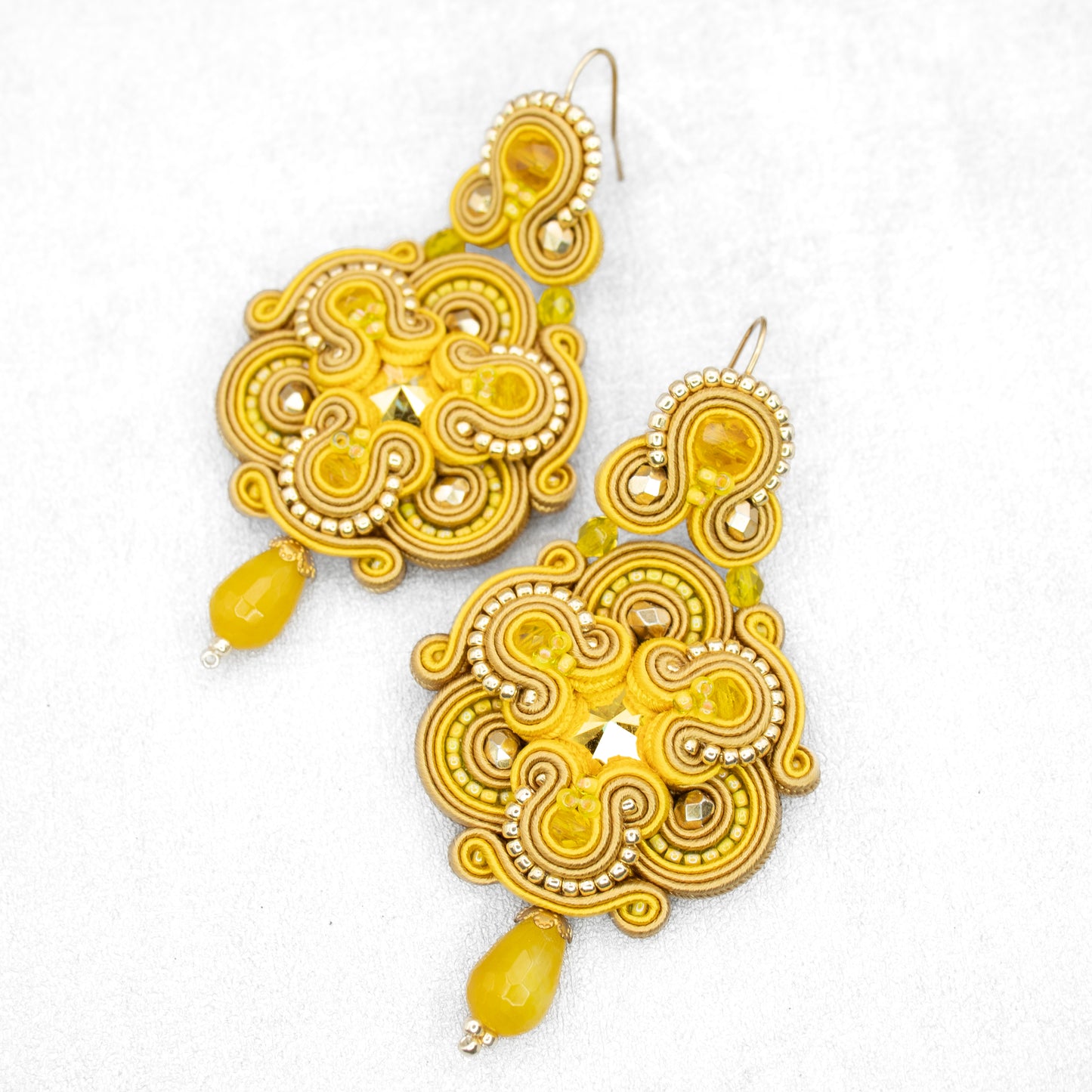 Handmade Yellow, Beige and Gold Soutache Earrings – Exclusive and Original Jewellery