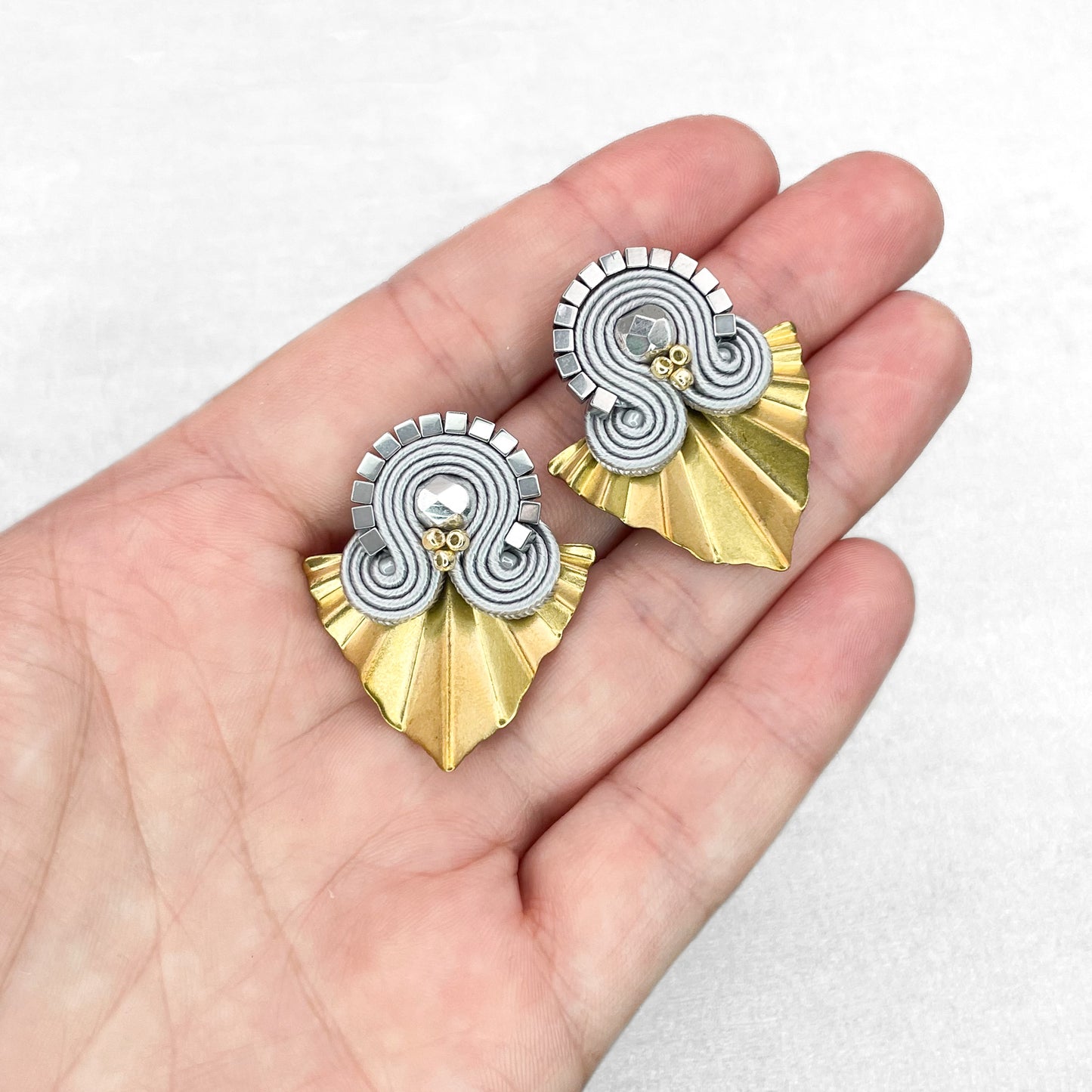 Handmade Light Grey Soutache Earrings with Gold Charms – Stylish and Chic Jewellery