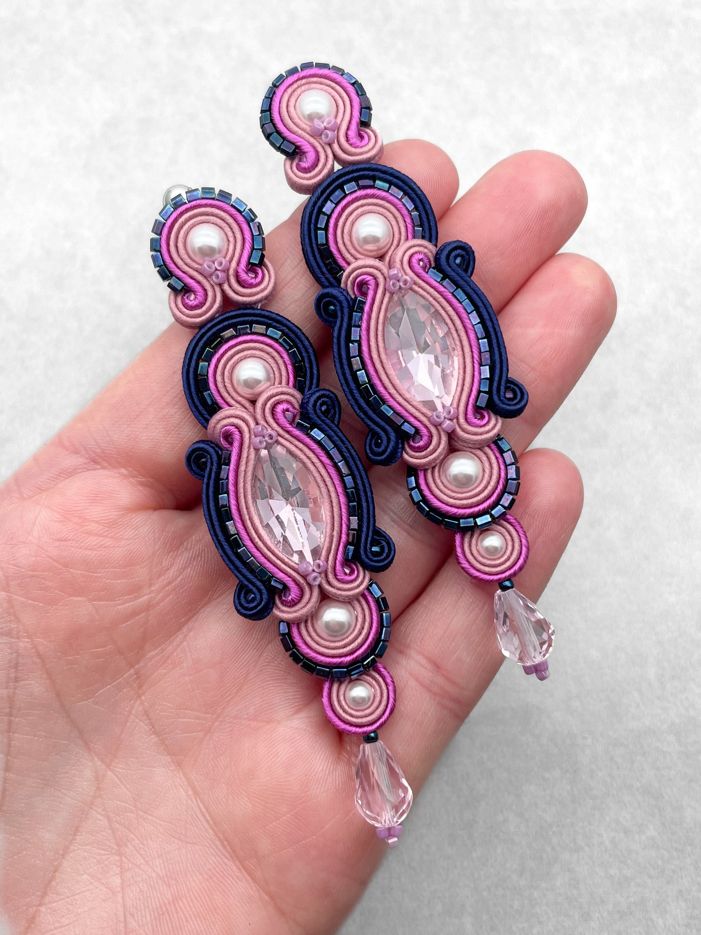 Handmade Mauve & Dark Sapphire Soutache Earrings – Elegant and Unique Jewellery
