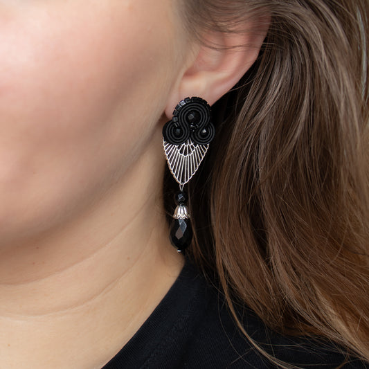 Black soutache earrings. Original and lightweights earrings with silver charms.