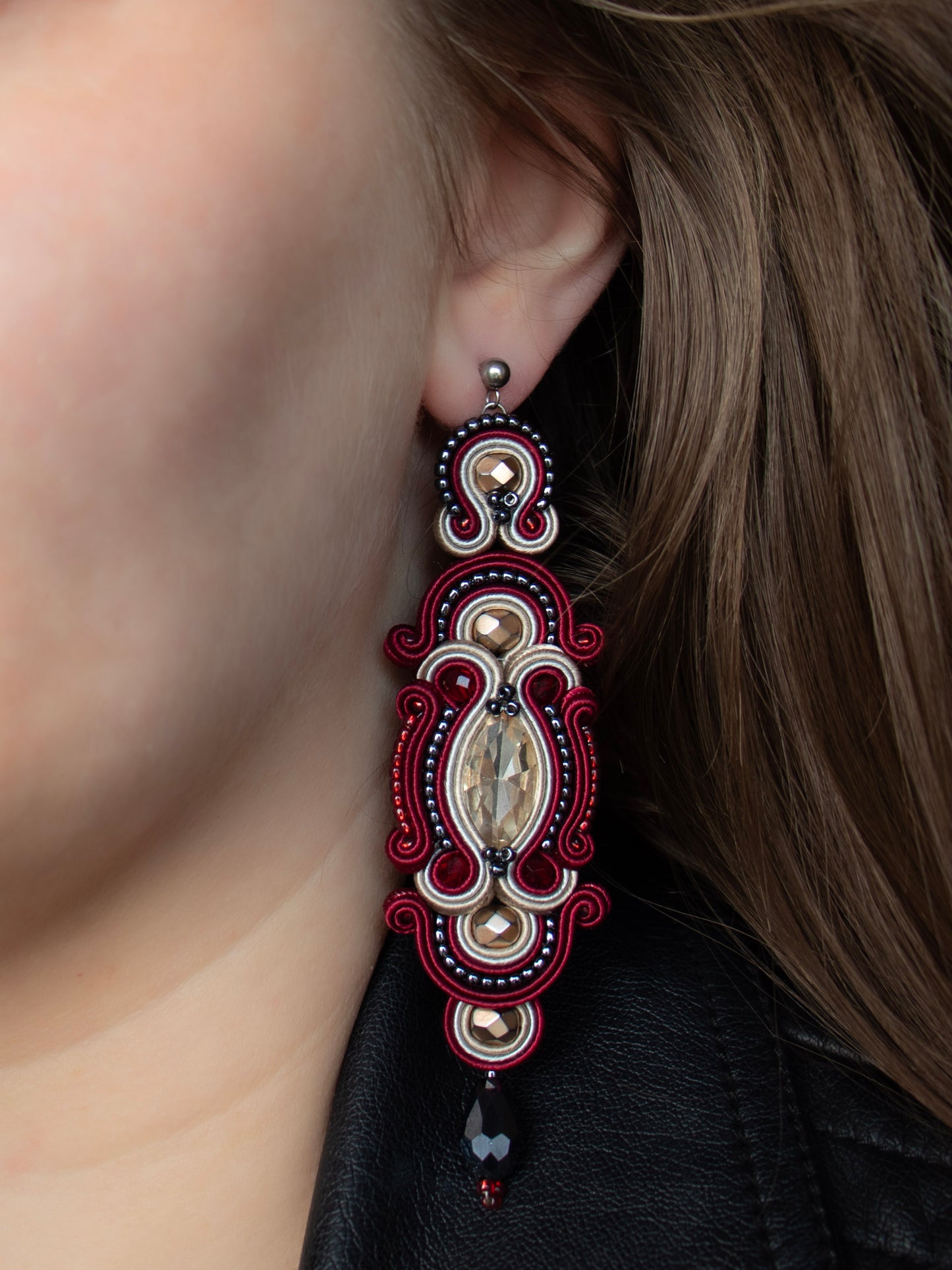 Handmade Maroon, Sand, and Dark Grey Soutache Earrings – Oriental Long Earrings