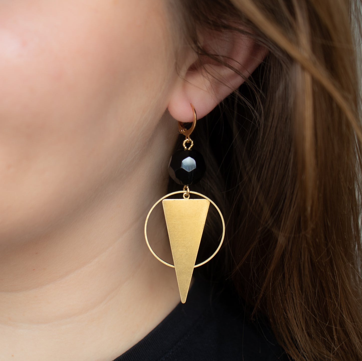Handmade Geometric Earrings with Black Beads and Gold Charms
