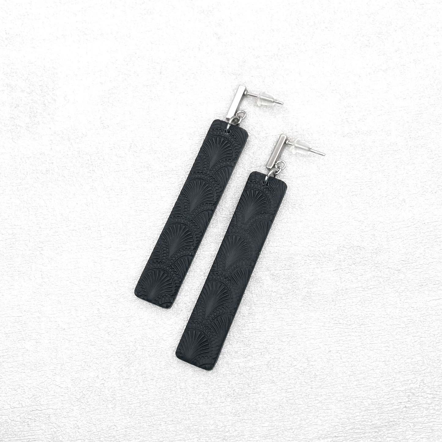 Handmade Black Textured Rectangle Earrings – Polymer Clay Jewellery