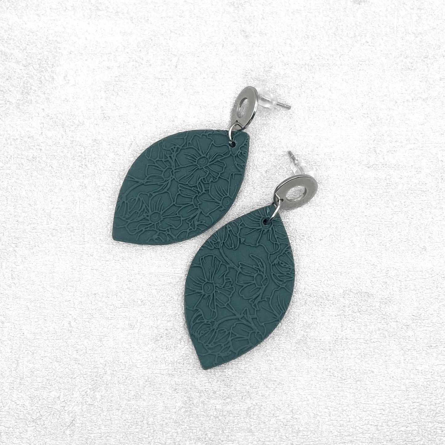 Handmade Dark Teal Oval Earrings – Textured Polymer Clay Jewellery