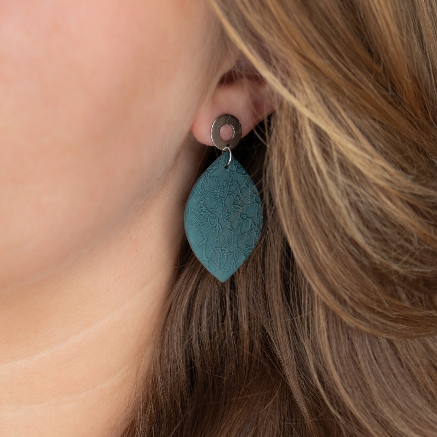Handmade Dark Teal Oval Earrings – Textured Polymer Clay Jewellery