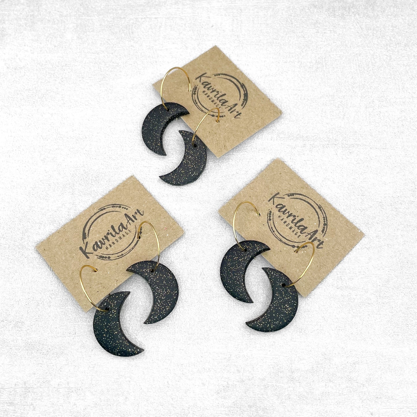 Black and Gold Glitter Moon Polymer Clay Earrings – Handmade Spiritual Jewellery