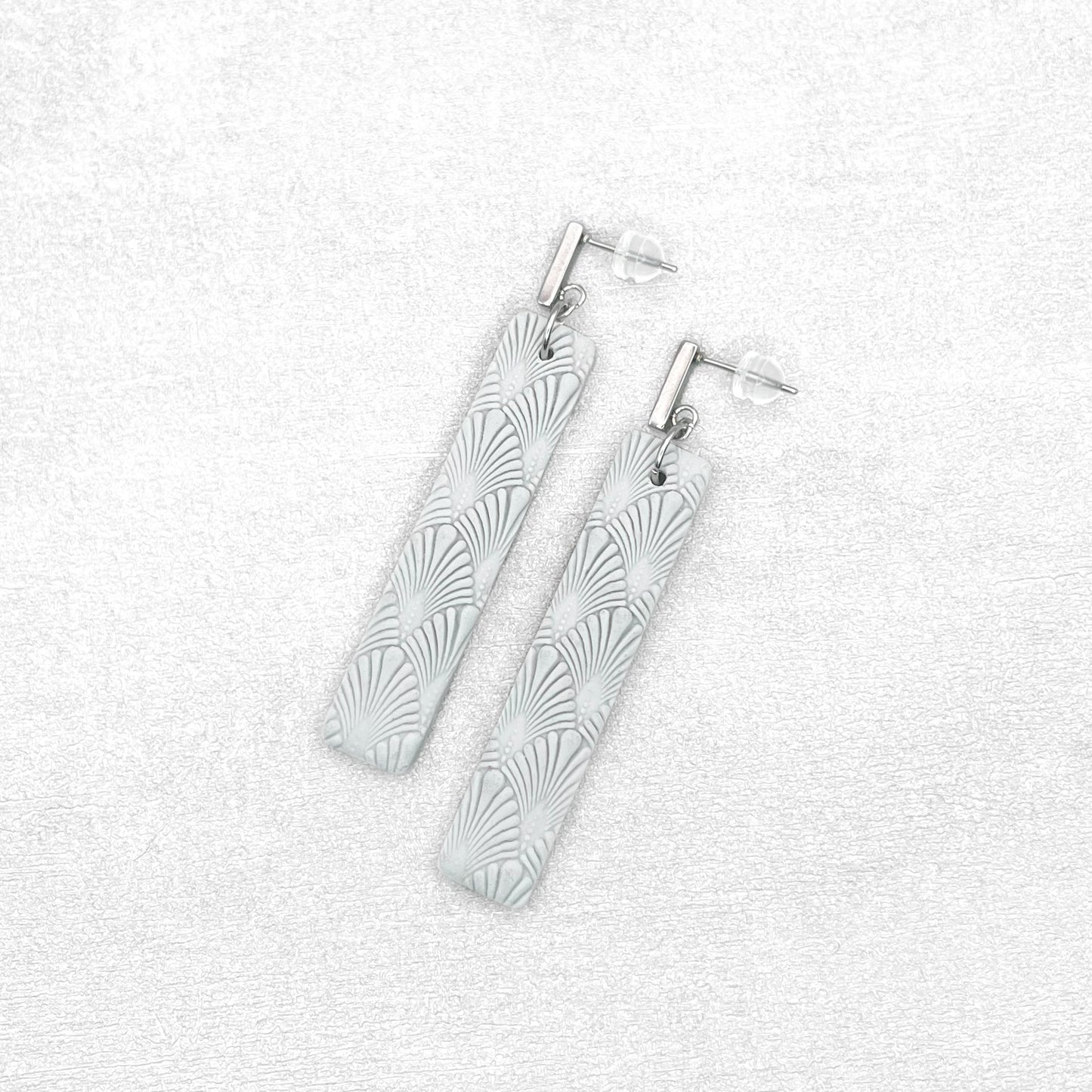 Handmade Light Grey Rectangle Earrings – Textured Polymer Clay Jewellery