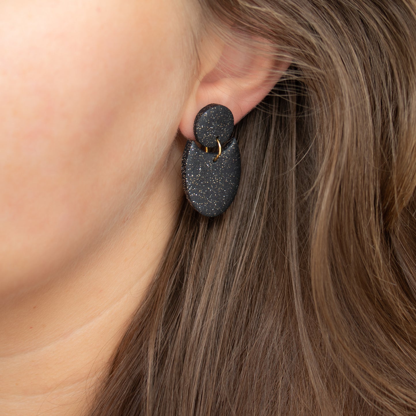 Handmade Black Geometric Earrings with Glitter – Dazzling Polymer Clay Jewellery