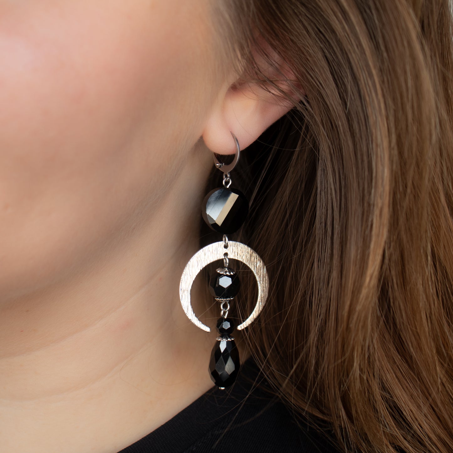 Handmade Black Beads Long Earrings with Moon Charms