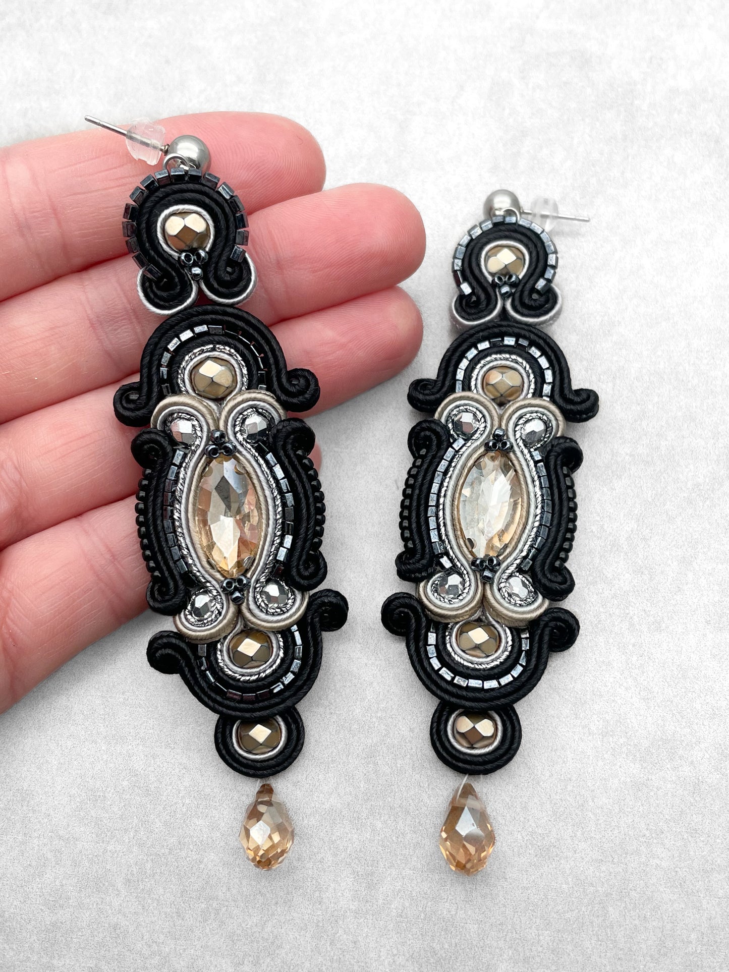 Handmade Black, Sand, and Grey Soutache Earrings – Exclusive Long Earrings