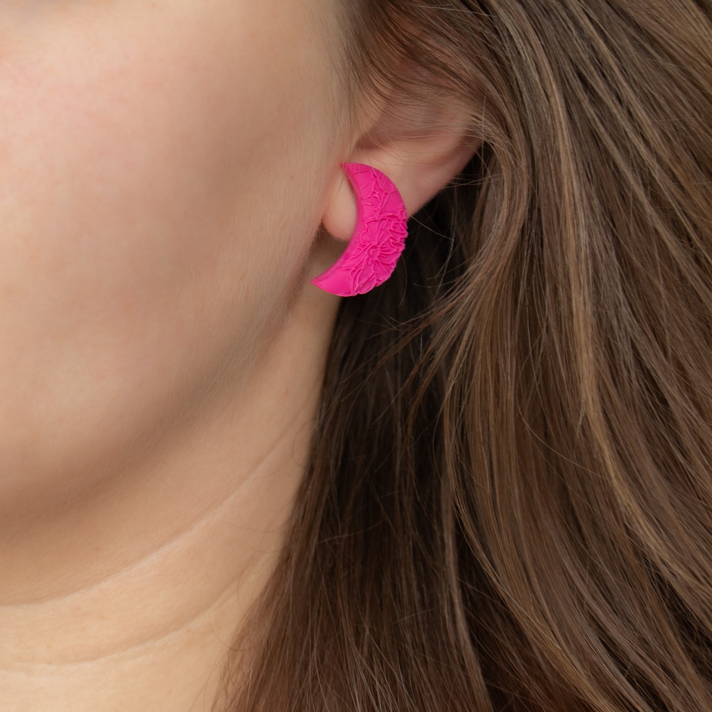 Handmade Magenta Moon Stud Earrings – Textured Polymer Clay Studs