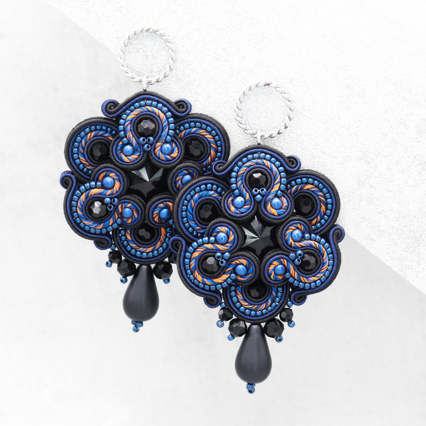 Exclusive Handmade Dark Sapphire and Black Soutache Earrings – Oriental Style