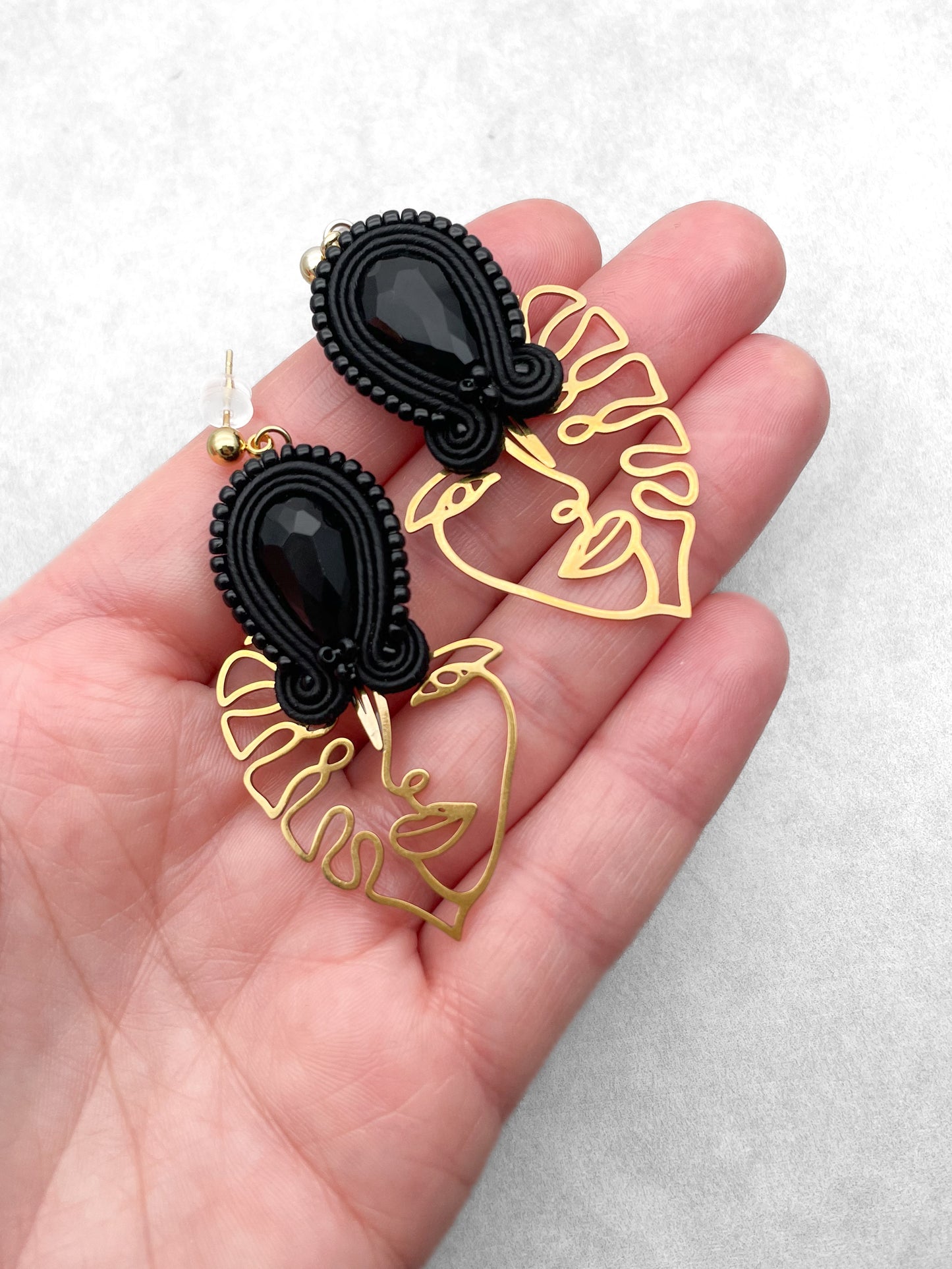 Handmade Black Soutache Earrings with Gold Face Charms – Lightweight Earrings