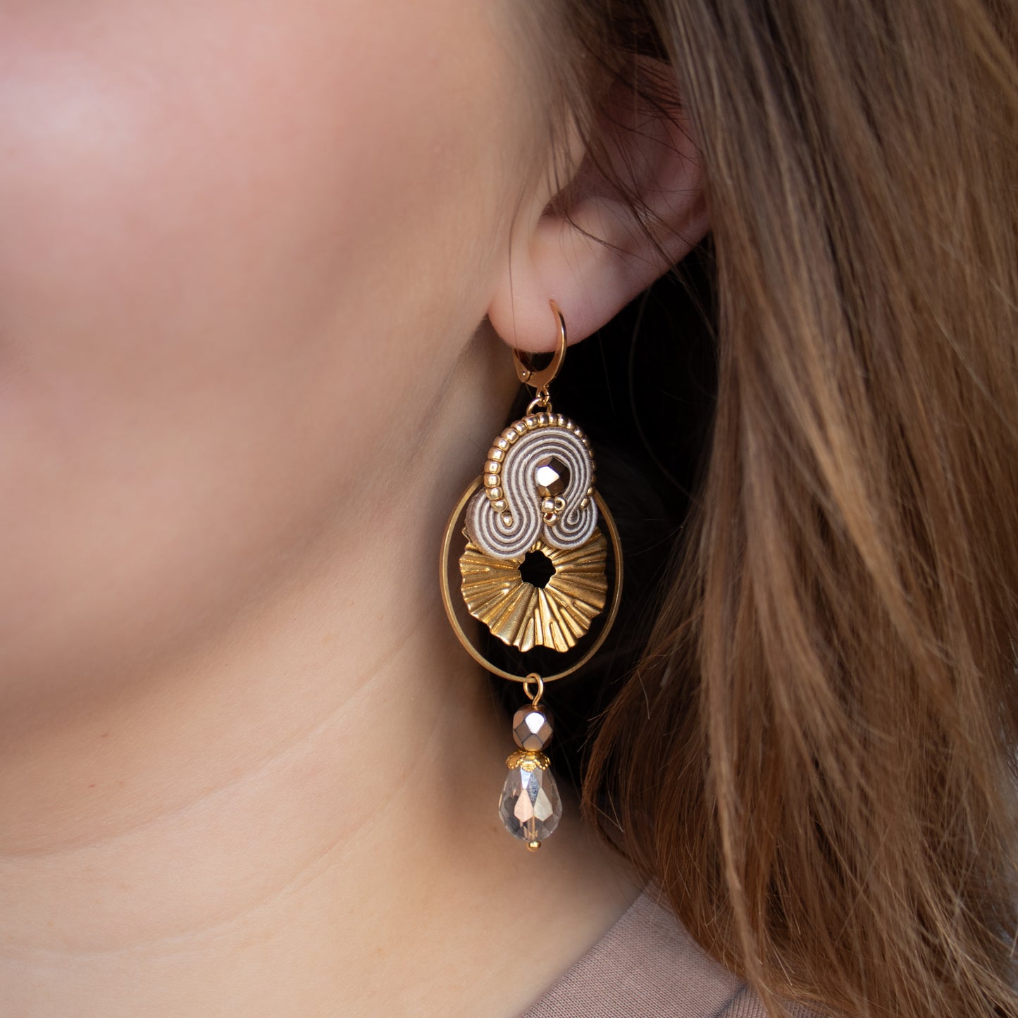 Sand soutache earrings. Unique handmade earrings with gold charms.