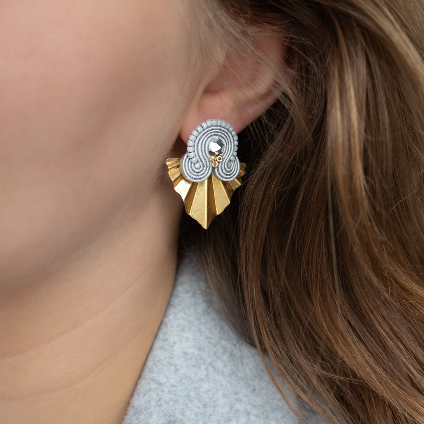 Handmade Light Grey Soutache Earrings with Gold Charms – Stylish and Chic Jewellery