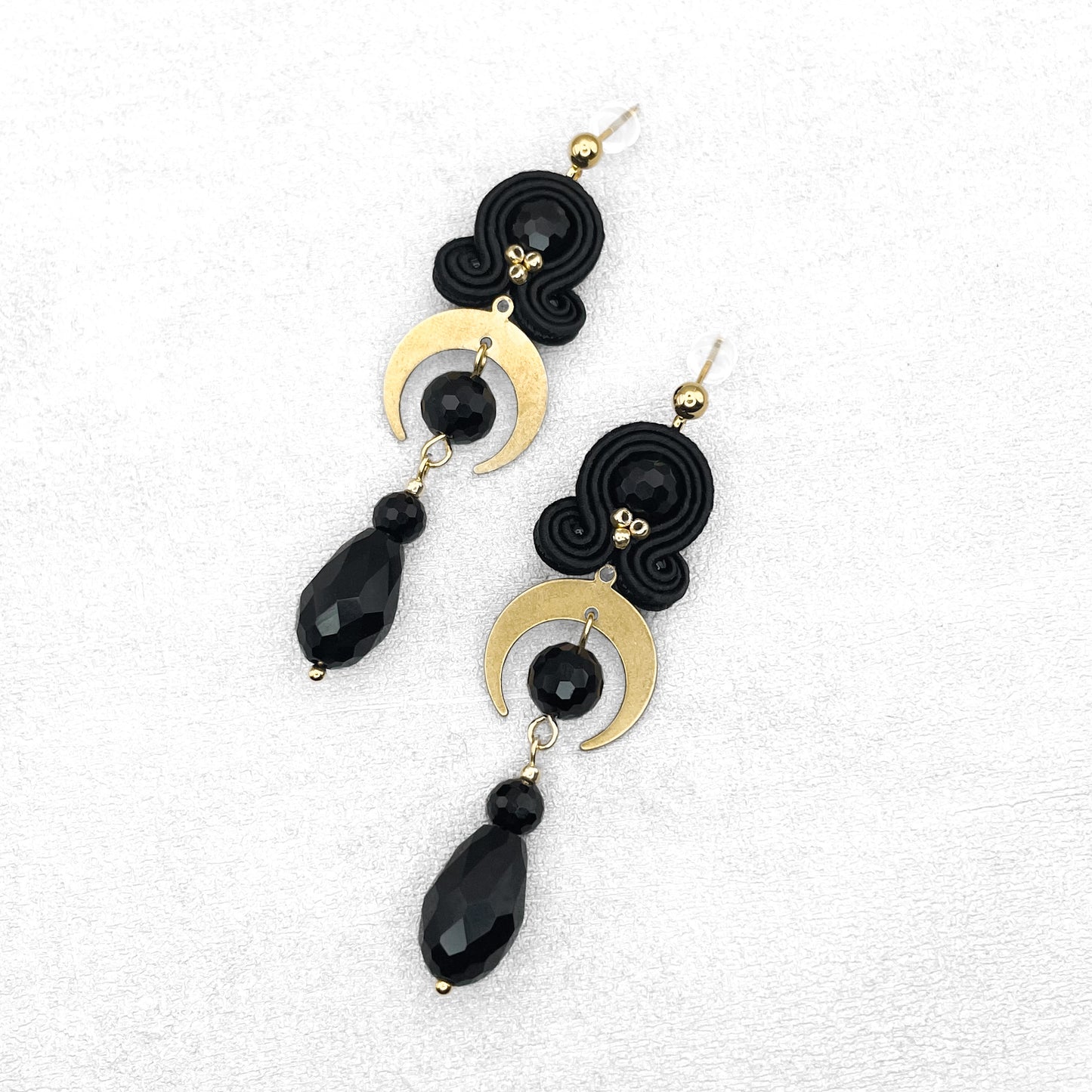 Handmade Black Soutache Earrings with Gold Moon – Spiritual Earrings
