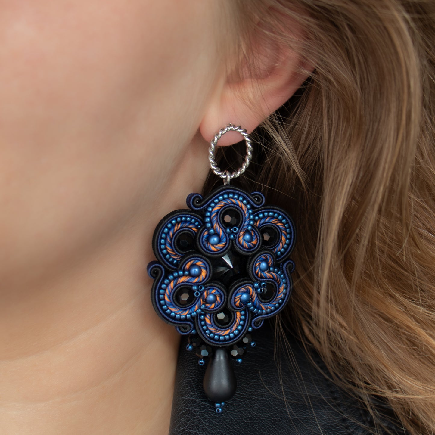 Exclusive Handmade Dark Sapphire and Black Soutache Earrings – Oriental Style