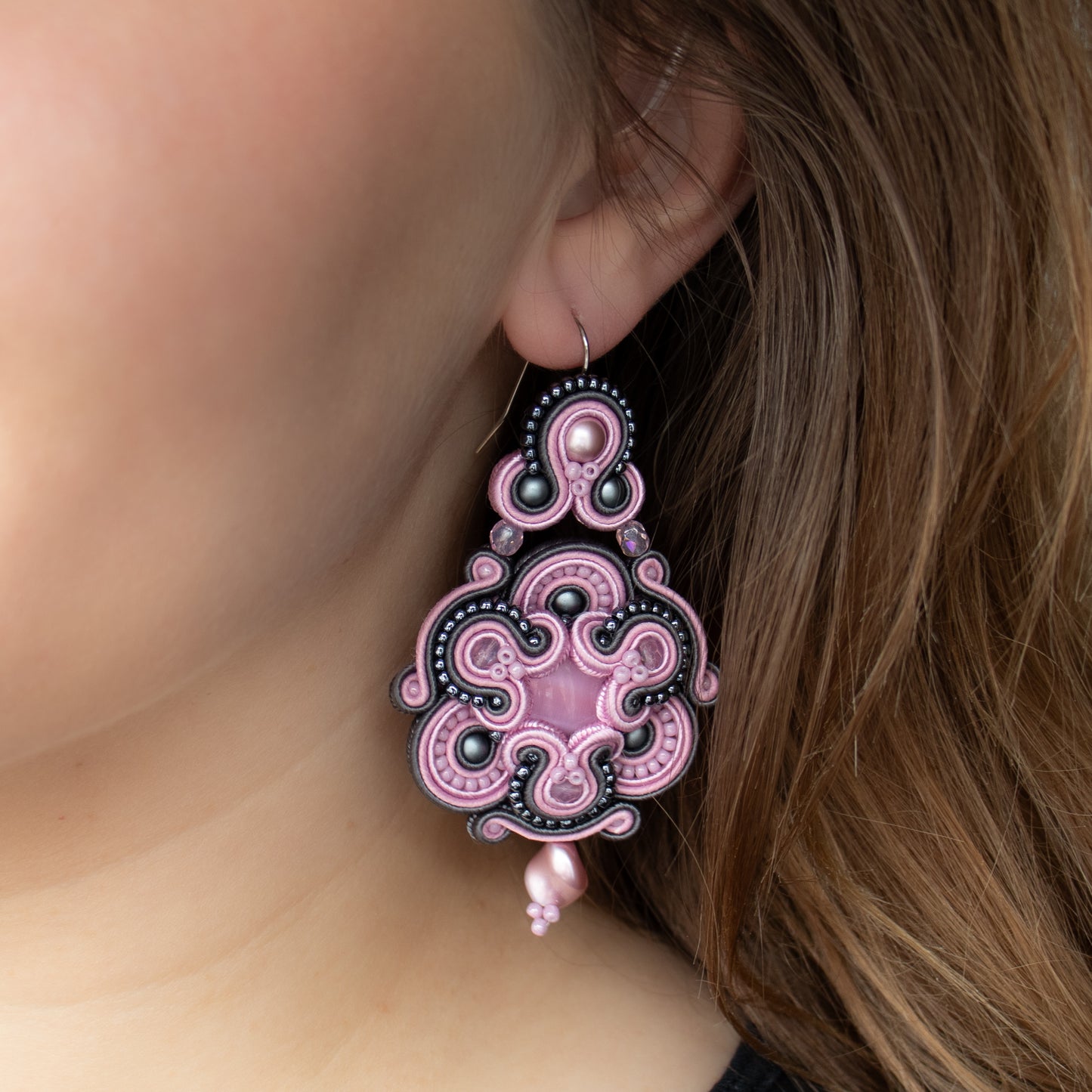 Handmade Pink and Grey Soutache Earrings – Unique and Distinctive Earrings