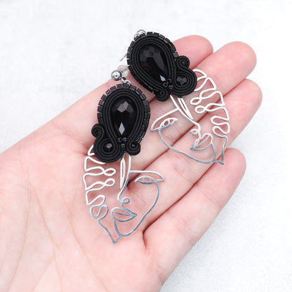 Black soutache earrings. Original and lightweights earrings with face charms.